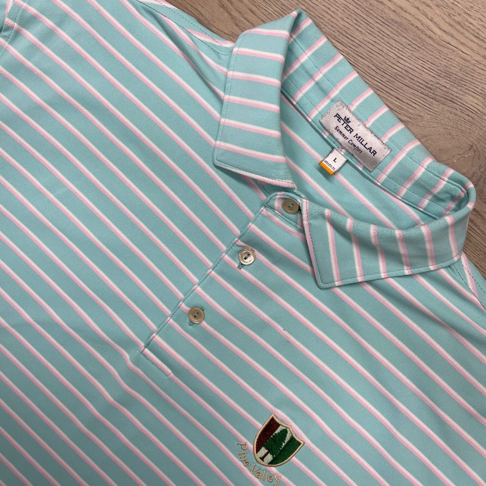 Peter Millar Polo Shirt Mens Large Blue Pine Valley Golf Striped MS19EK52S FAIR